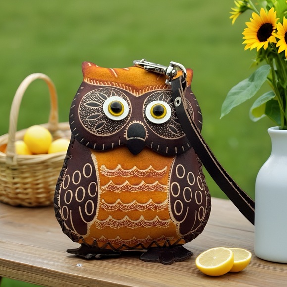 Rustic Southwest HandTooled Leather Owl Wristlet/Coin Purse - Picture 2 of 15